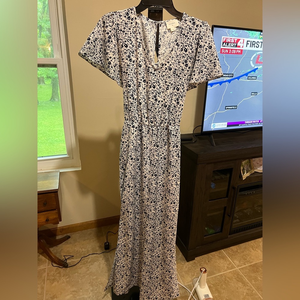 Everly White Maxi Dress with Navy Floral Print